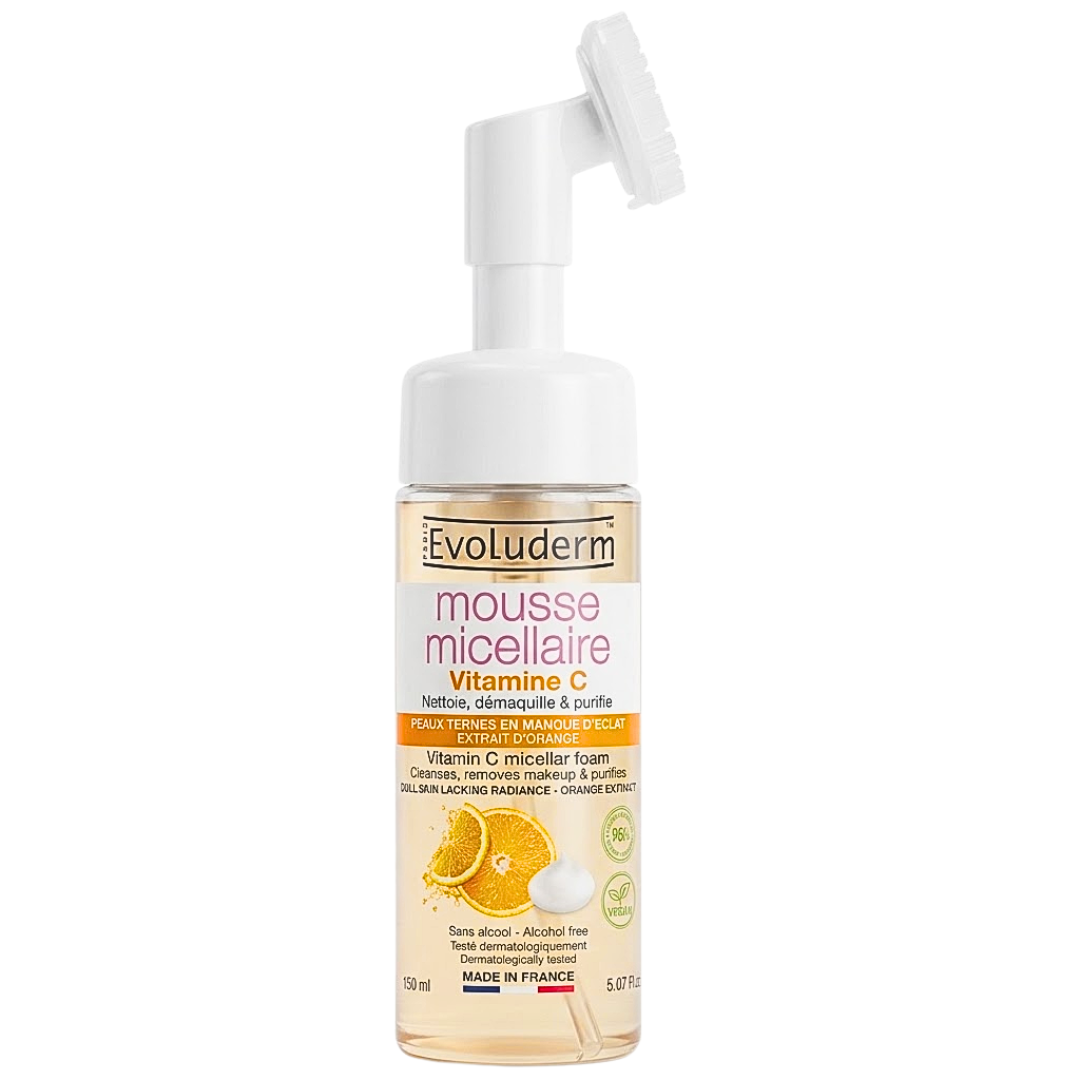 Evoluderm Mousse Micellaire Vitamine C 150 ml — flacon mousseur avec brosse intégrée, peaux ternes