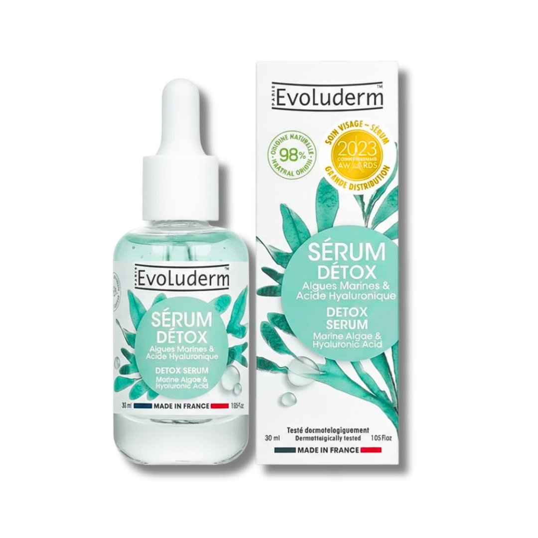 Evoluderm Sérum Détox 30 ml — flacon pipette vert d'eau et étui, algues marines et acide hyaluronique