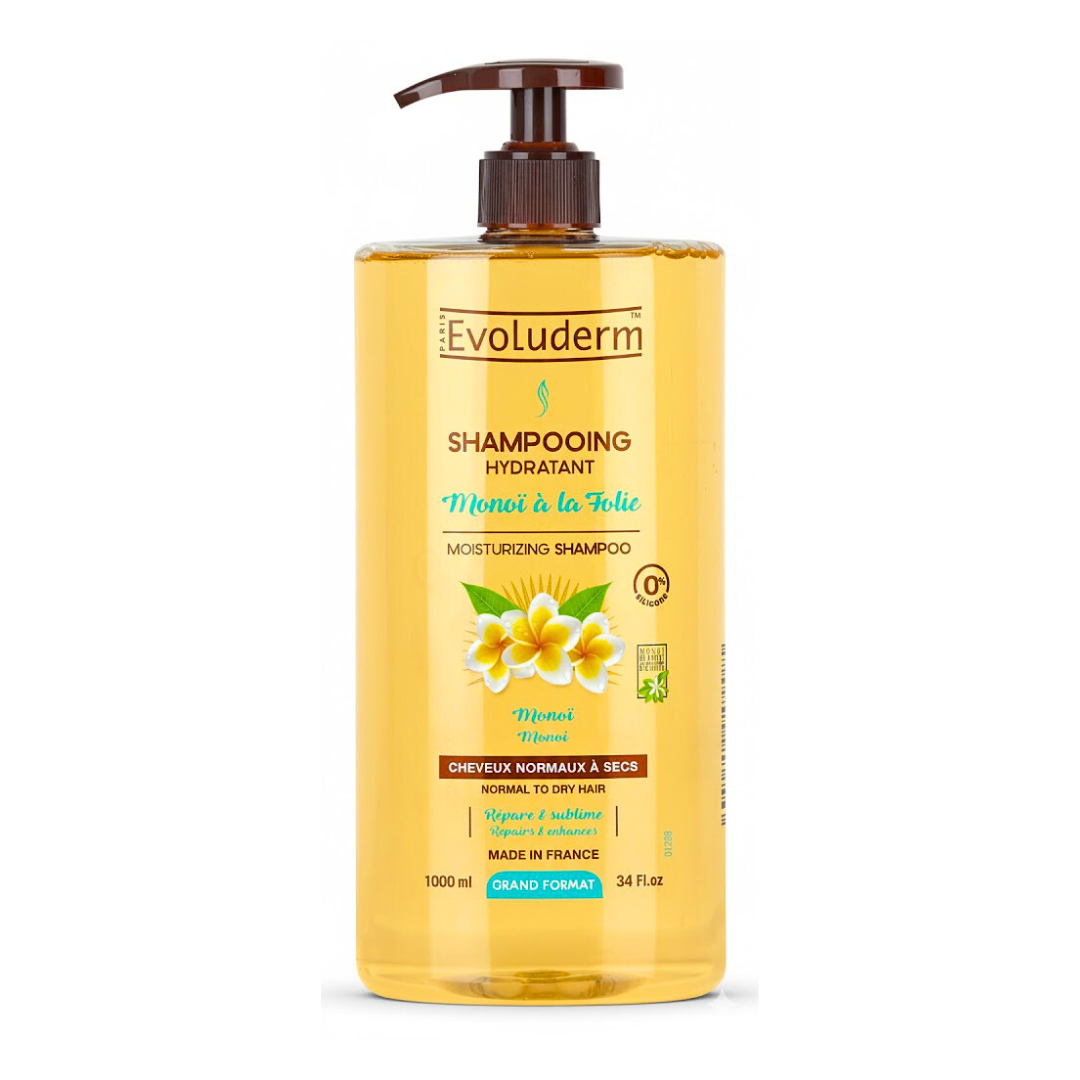 Evoluderm Shampoing Hydratant Monoï à la Folie 1 L — grand format jaune avec pompe, cheveux normaux à secs