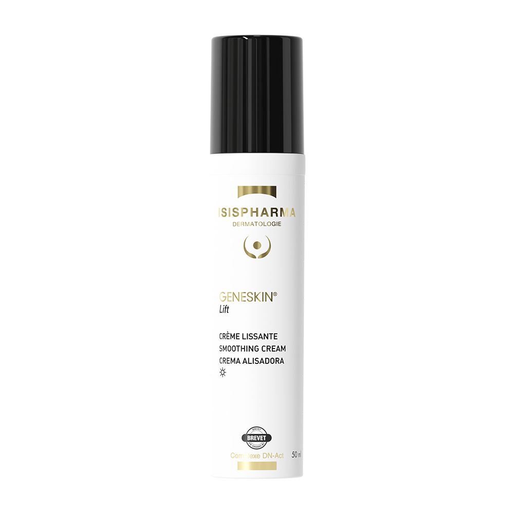 Isispharma Geneskin Lift crème lissante 50 ml, flacon pompe et boîte blanc et or