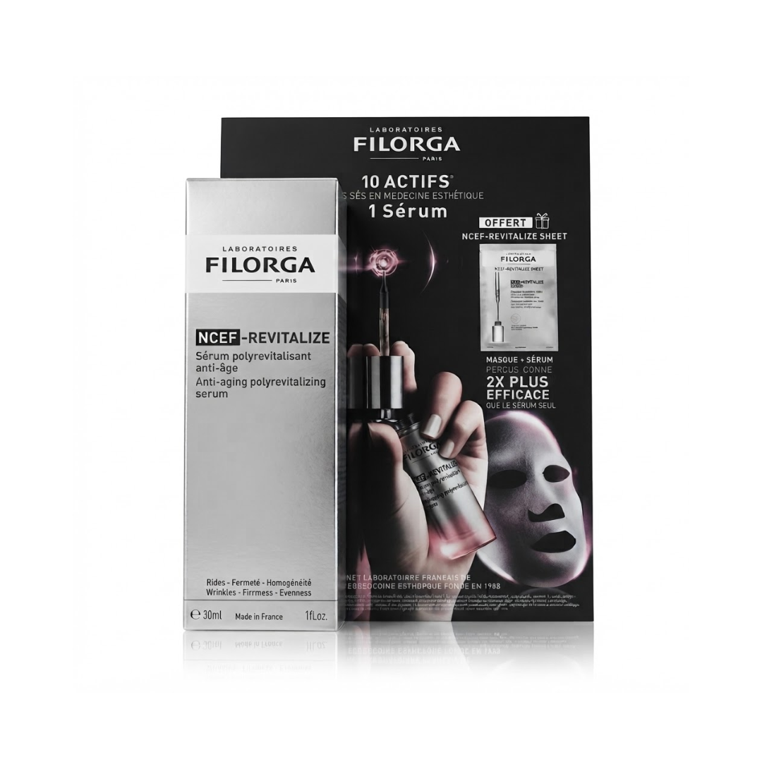 Coffret Filorga NCEF-Revitalize sérum 30 ml et masque tissu, boîte argent et noire