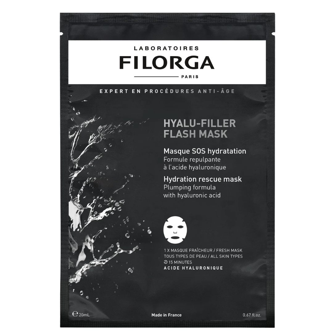 Filorga Hyalu-Filler Flash Mask 20 ml, sachet noir et blanc, masque tissu SOS hydratation