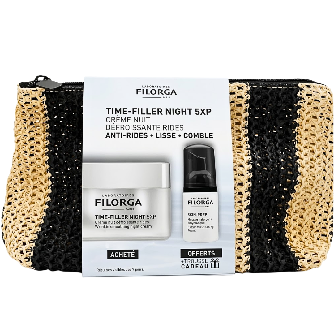 Filorga coffret Time-Filler Night 5XP crème de nuit 50 ml, mousse Skin-Prep et trousse tressée