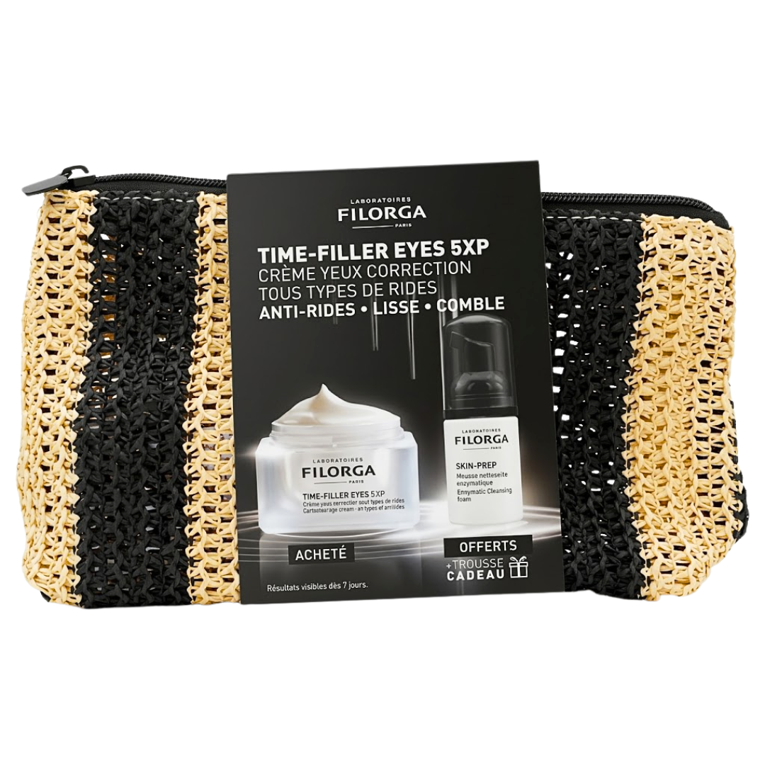 Filorga coffret Time-Filler Eyes 5XP contour des yeux 15 ml, mousse Skin-Prep et trousse tressée