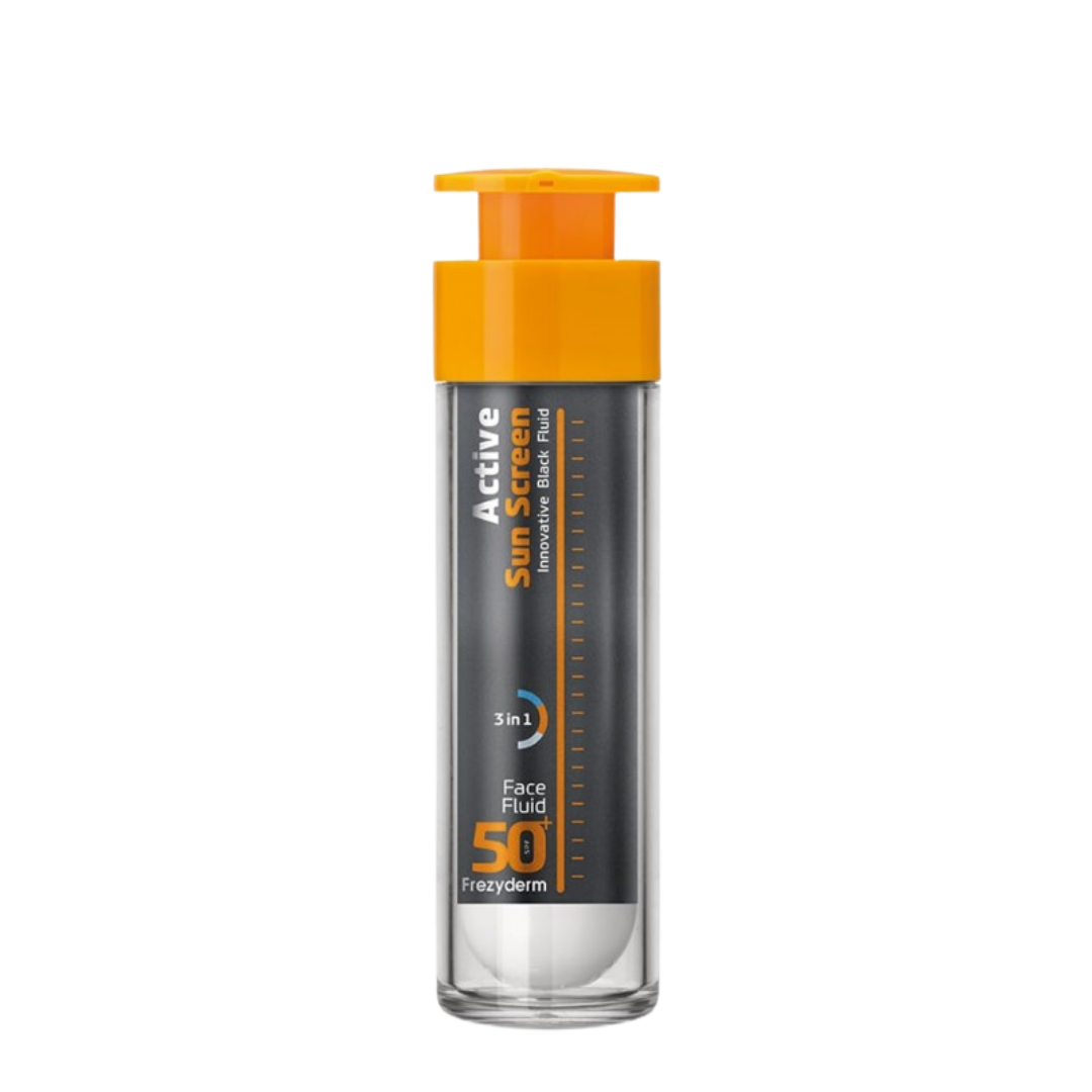 Frezyderm Active Sun Screen Face Fluid SPF50+ 50 ml, flacon airless gris et orange, fluide solaire 3 en 1