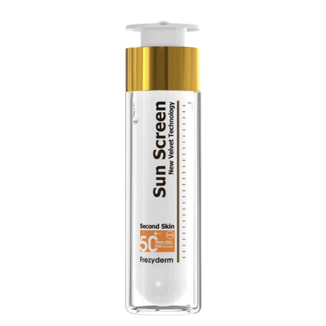 Frezyderm Sun Screen Velvet Face SPF50+ 50 ml, flacon airless blanc et doré, crème solaire fini mat