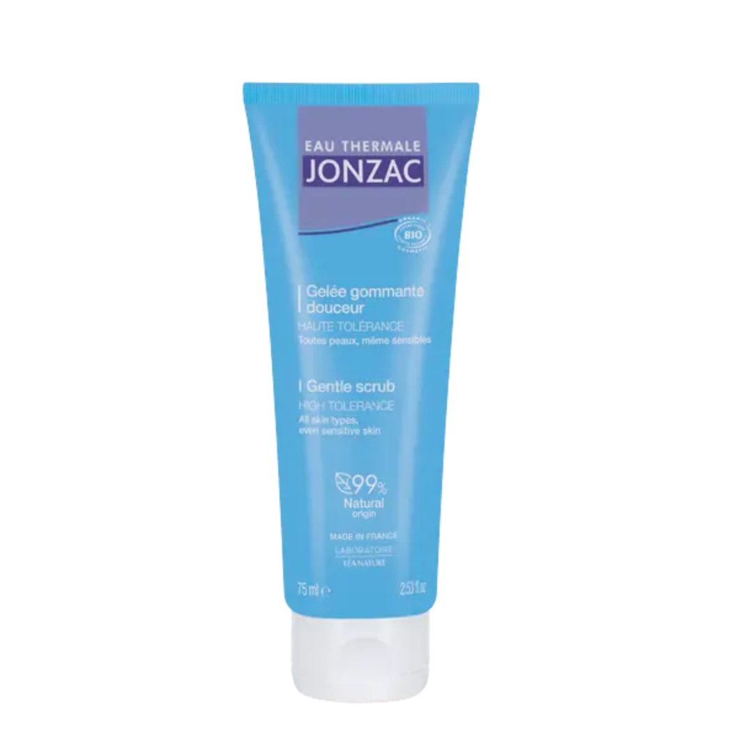 Eau Thermale Jonzac Rehydrate gelée gommante douceur 75 ml, tube bleu, gommage visage bio
