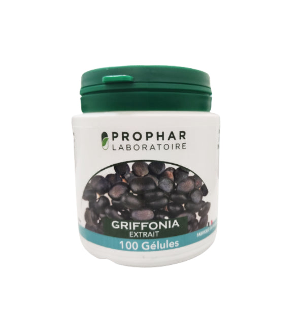 Prophar Griffonia extrait, pilulier blanc de 100 gélules à couvercle vert, graines sur l'étiquette