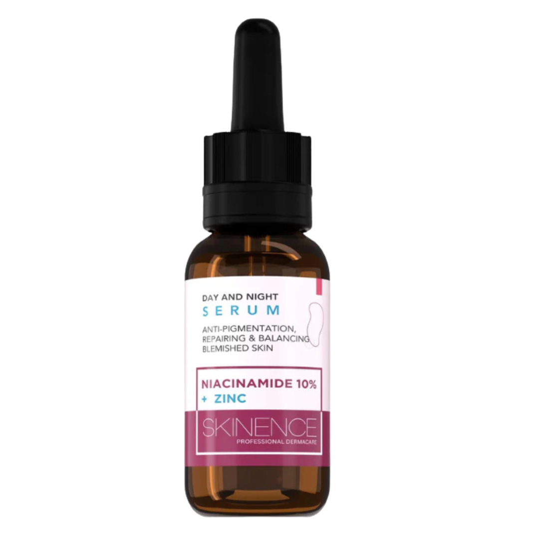 Skinence Sérum Niacinamide 10% + Zinc 1% 30 ml, flacon compte-gouttes ambré, sérum anti-imperfections