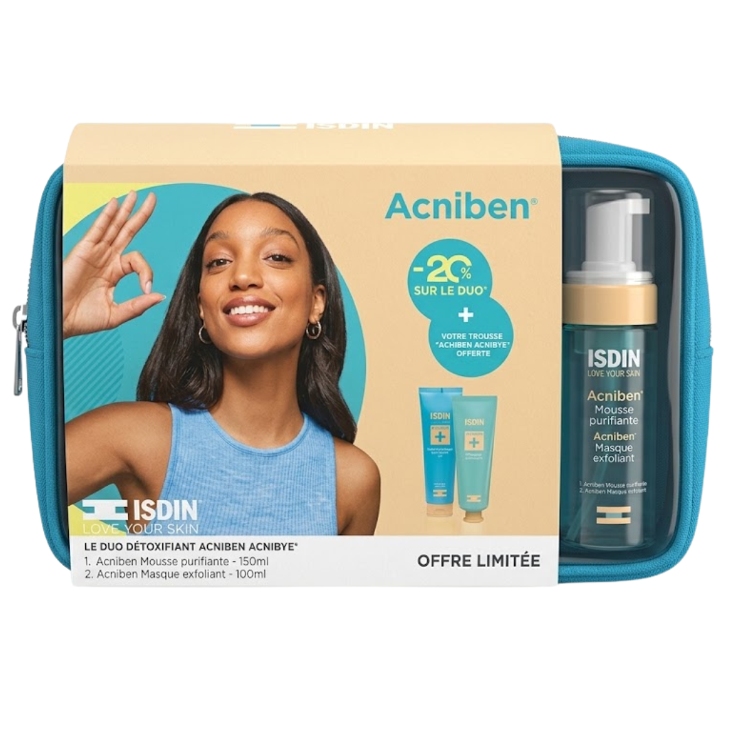 ISDIN pack Acniben masque purifiant 75 ml et gommage doux 100 ml dans sa trousse Acniben