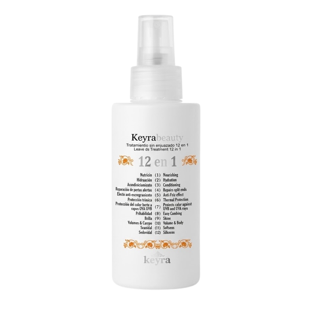 Keyra Beauty Soin Sans Rinçage 12 en 1 150 ml, flacon spray et liste des 12 bénéfices
