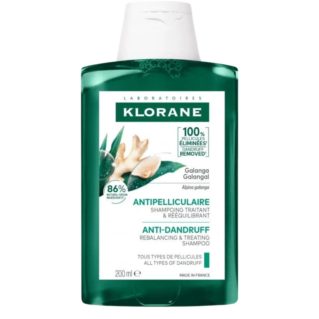 Klorane Shampooing Antipelliculaire au Galanga 200 ml, flacon vert, shampooing traitant rééquilibrant
