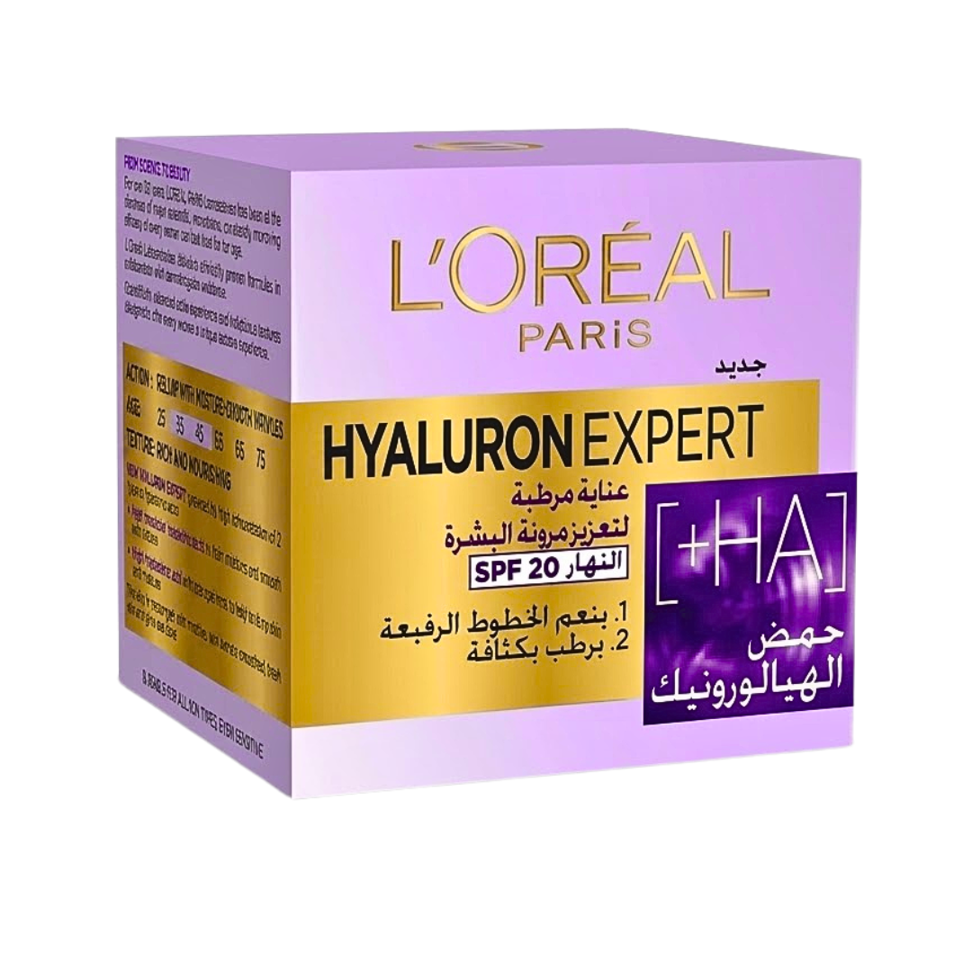 L'Oréal Paris Hyaluron Expert crème de jour SPF20 50 ml, boîte violette et dorée, acide hyaluronique