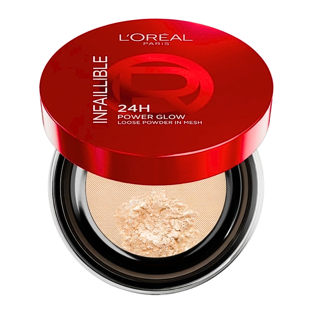 L'Oréal Paris Infaillible 24H Power Glow poudre libre en tamis, boîtier rond rouge ouvert