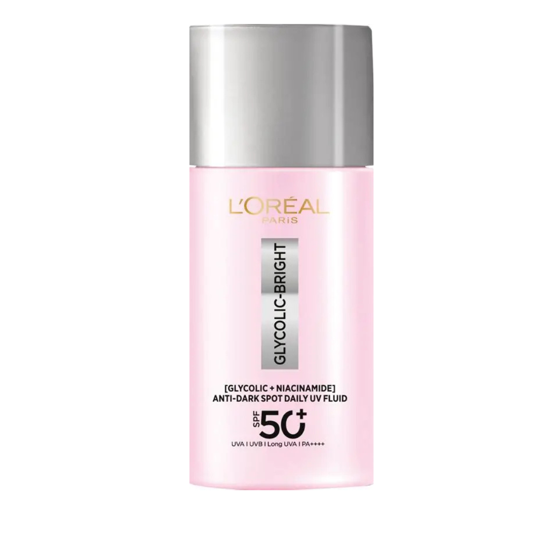 L'Oréal Paris Glycolic-Bright fluide UV anti-taches SPF50+ 50 ml, flacon rose à bouchon argenté