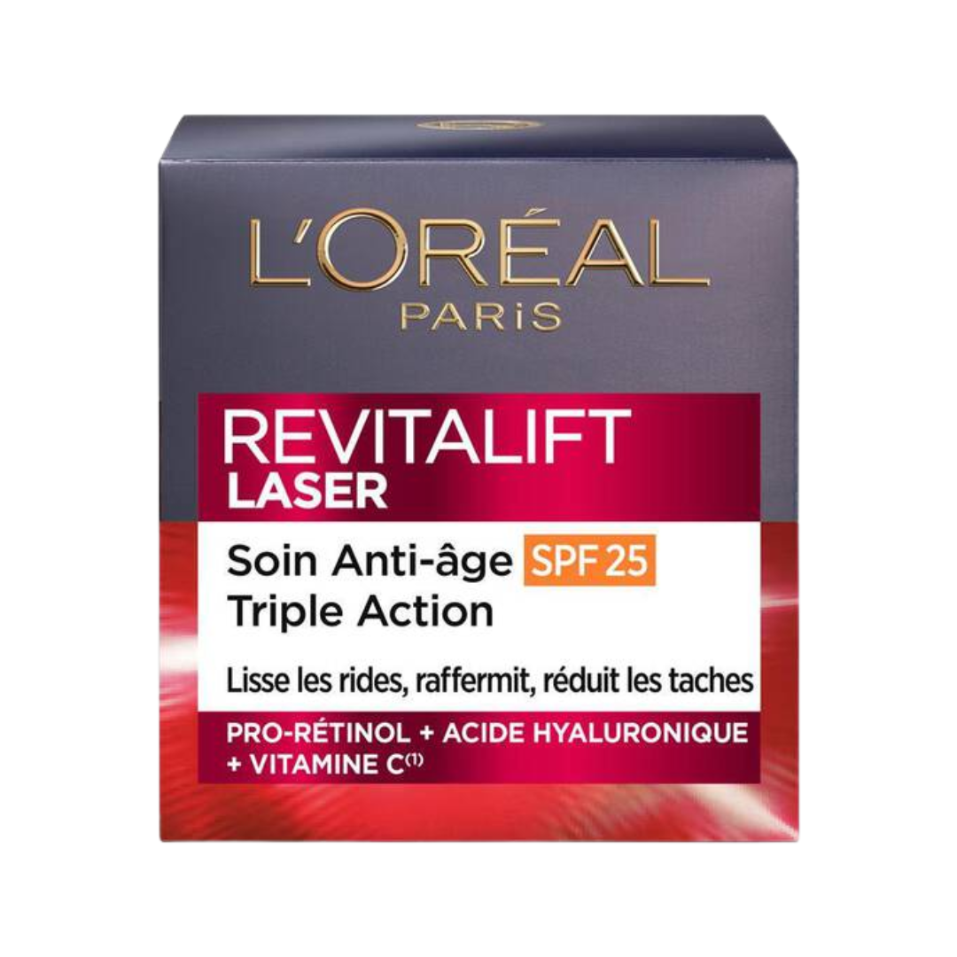 L'Oréal Paris Revitalift Laser crème anti-âge jour SPF25 50 ml, boîte rouge et grise, pro-rétinol et vitamine C