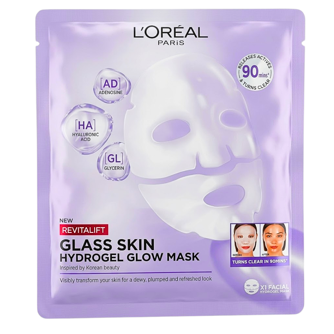 L'Oréal Paris Revitalift Glass Skin masque hydrogel éclat, sachet violet, acide hyaluronique, adénosine et glycérine