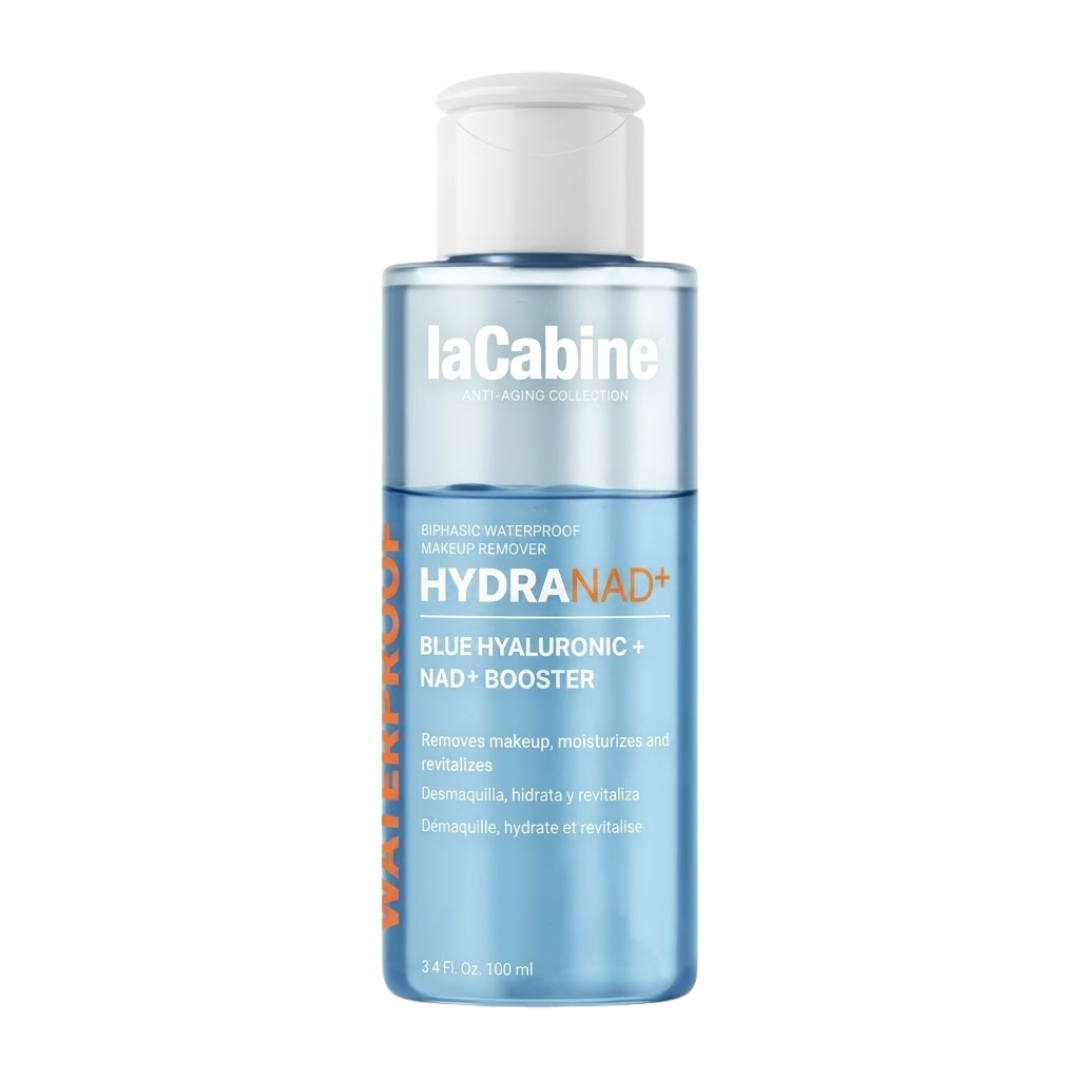 La Cabine Hydranad+ démaquillant biphasé waterproof 100 ml, flacon bleu, yeux, lèvres et visage