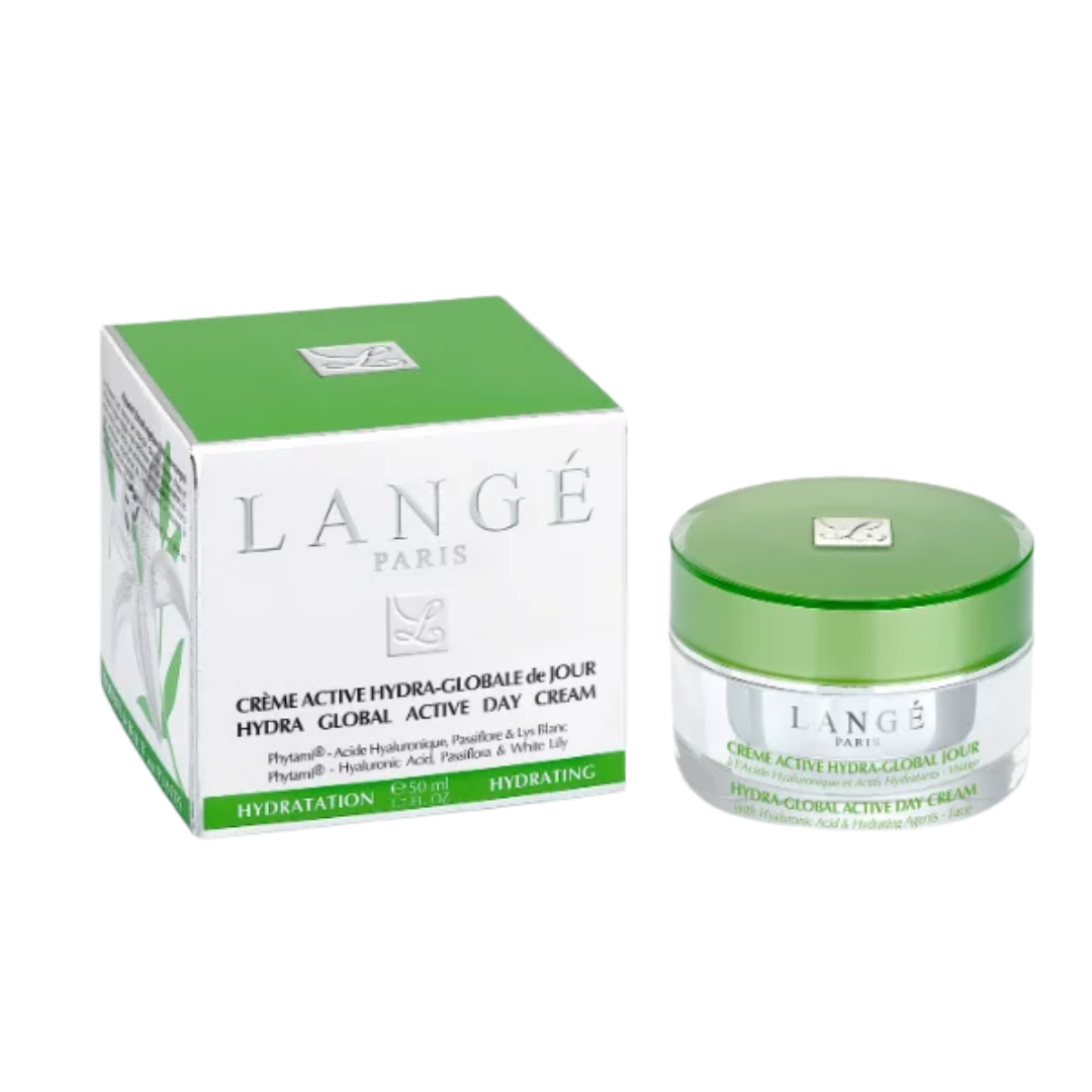 Langé Crème Active Hydra-Globale de Jour 50 ml, pot vert et étui, crème hydratante visage à l'acide hyaluronique