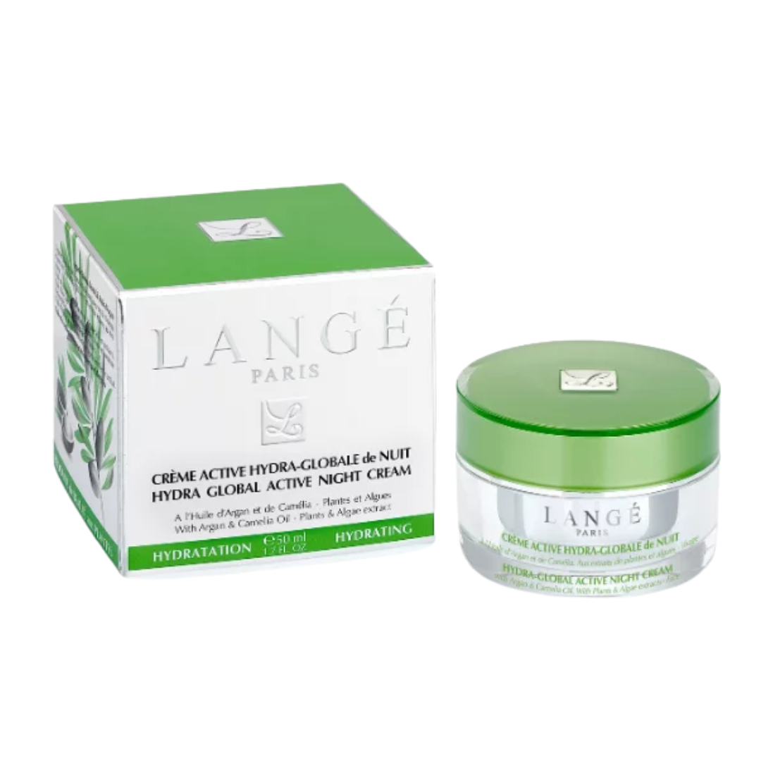 Langé Crème Active Hydra-Globale de Nuit 50 ml, pot vert et étui, crème de nuit à l'argan et au camélia