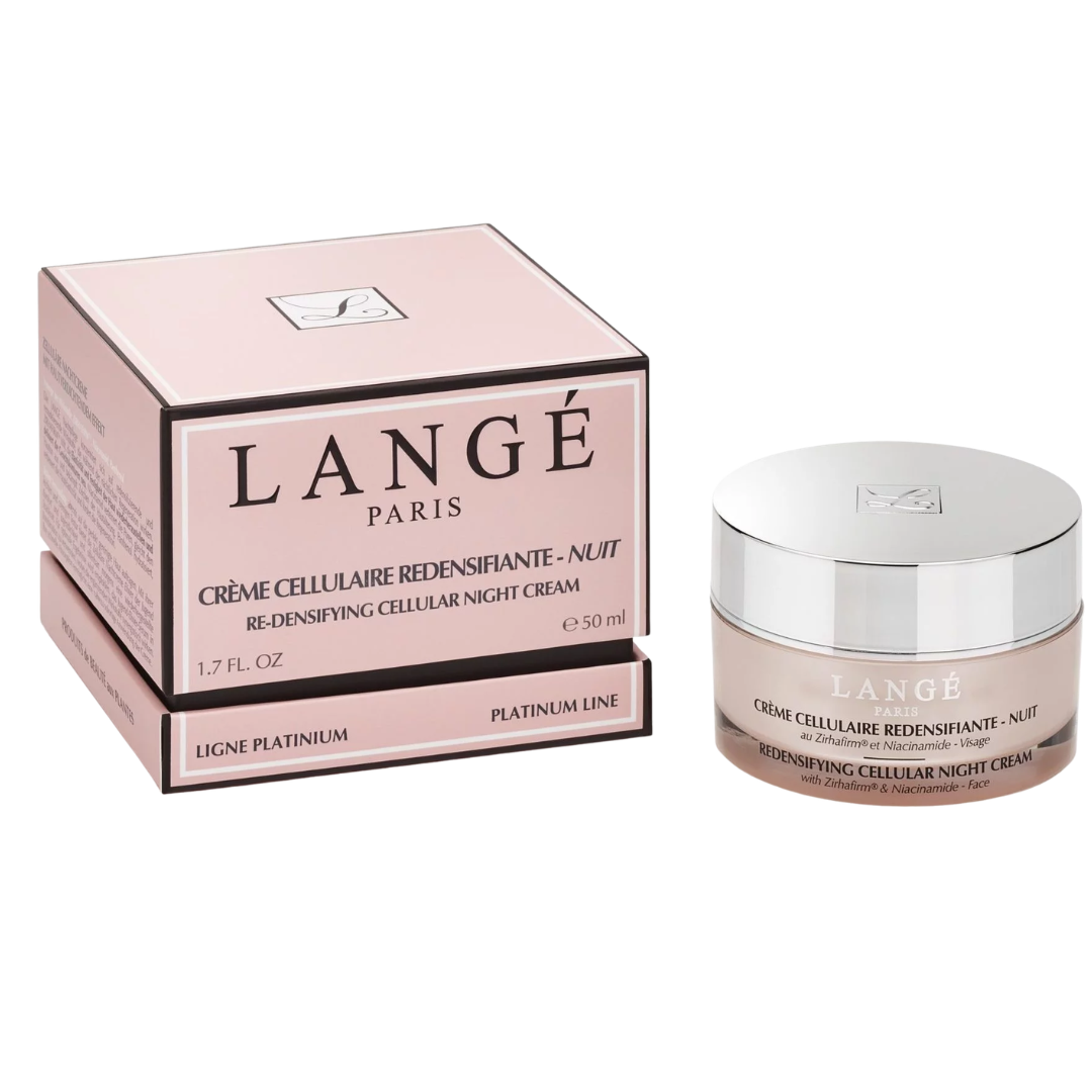 Langé Crème Cellulaire Redensifiante Nuit 50 ml, pot argenté et étui rose Ligne Platinium