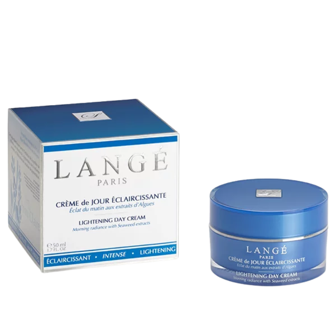 Langé Crème de Jour Éclaircissante 50 ml, pot bleu et étui, soin éclat du matin aux extraits d'algues