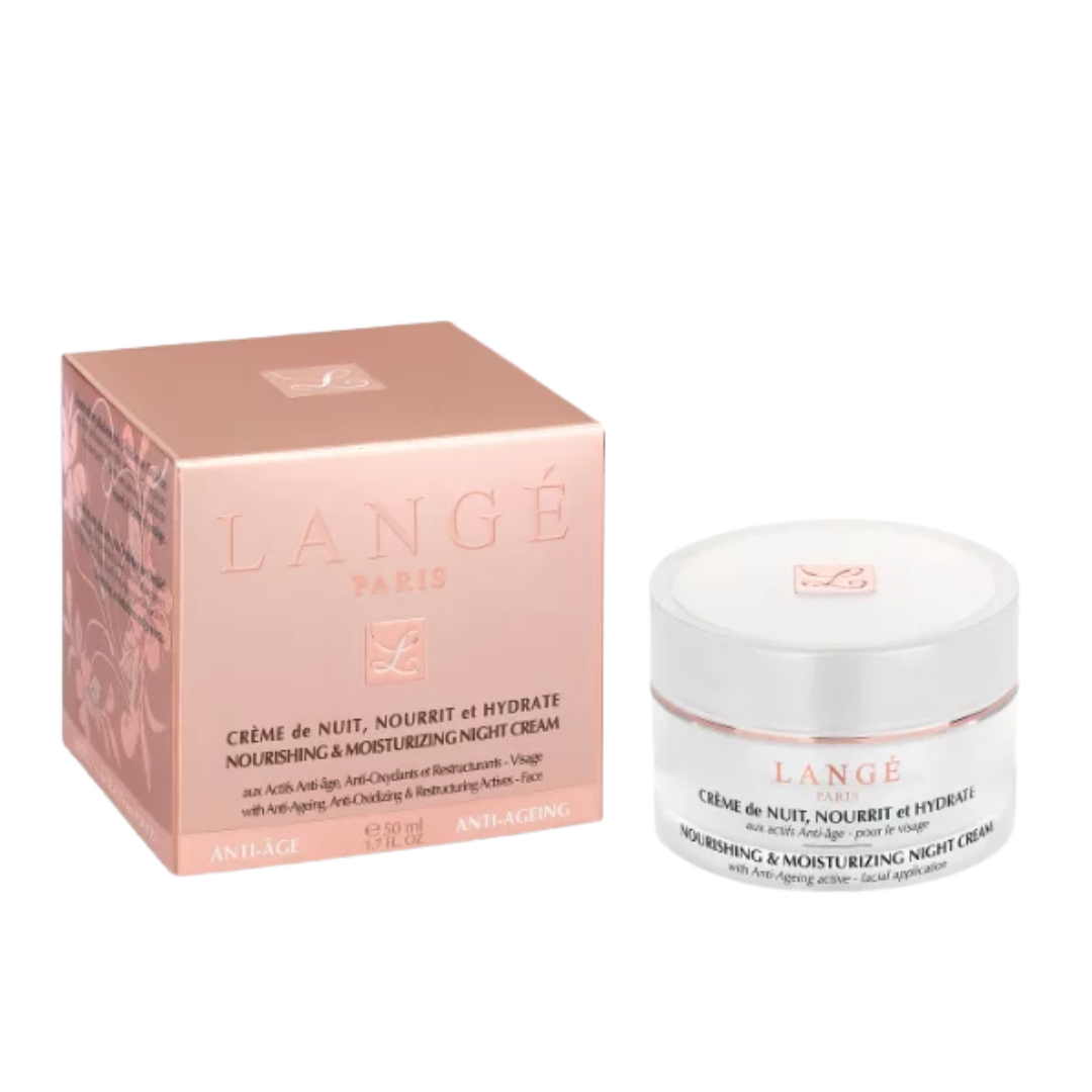 Langé Crème de Nuit Nourrit et Hydrate 50 ml, pot blanc et étui rose, crème de nuit anti-âge