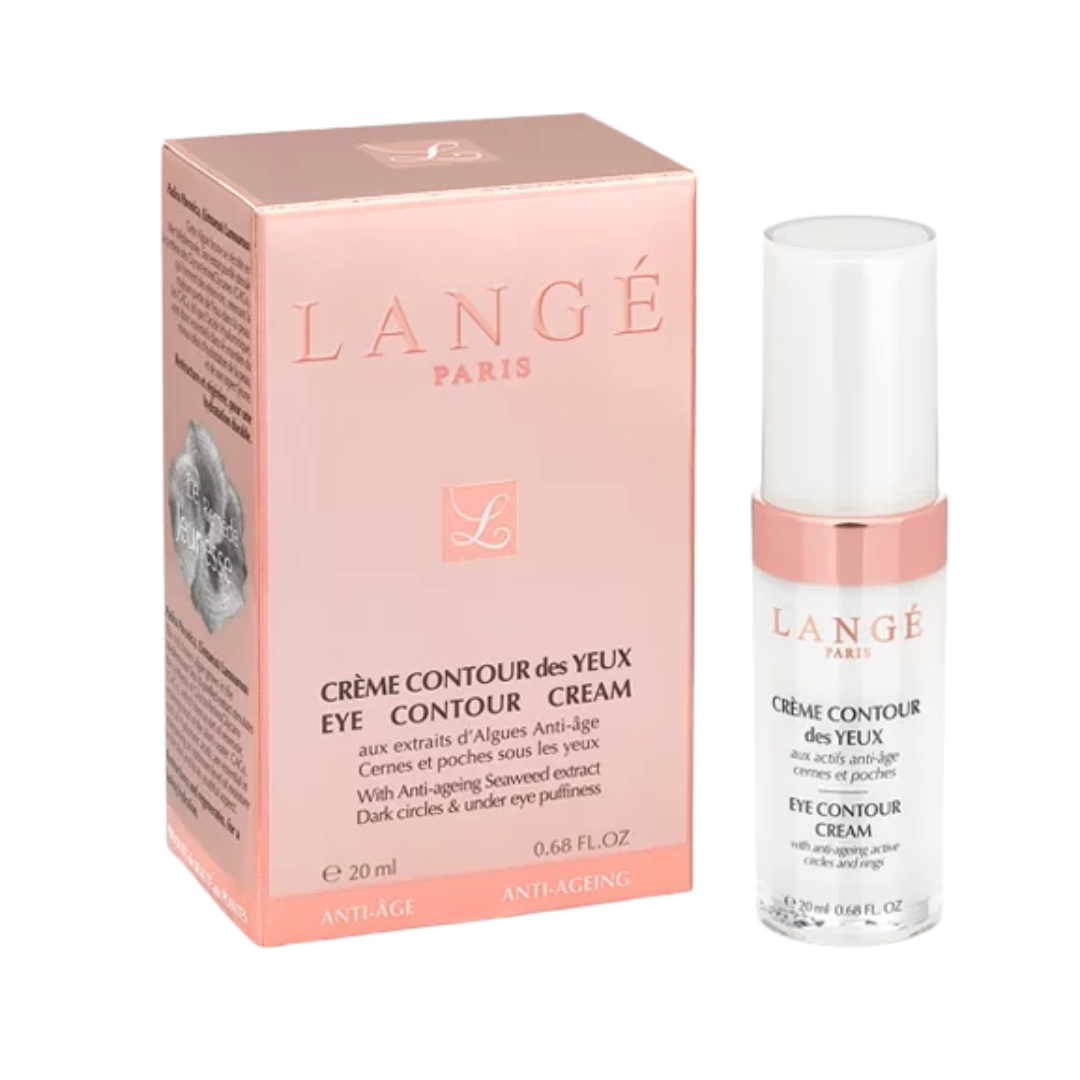 Langé Crème Contour des Yeux 20 ml, flacon pompe blanc et étui rose, soin cernes et poches