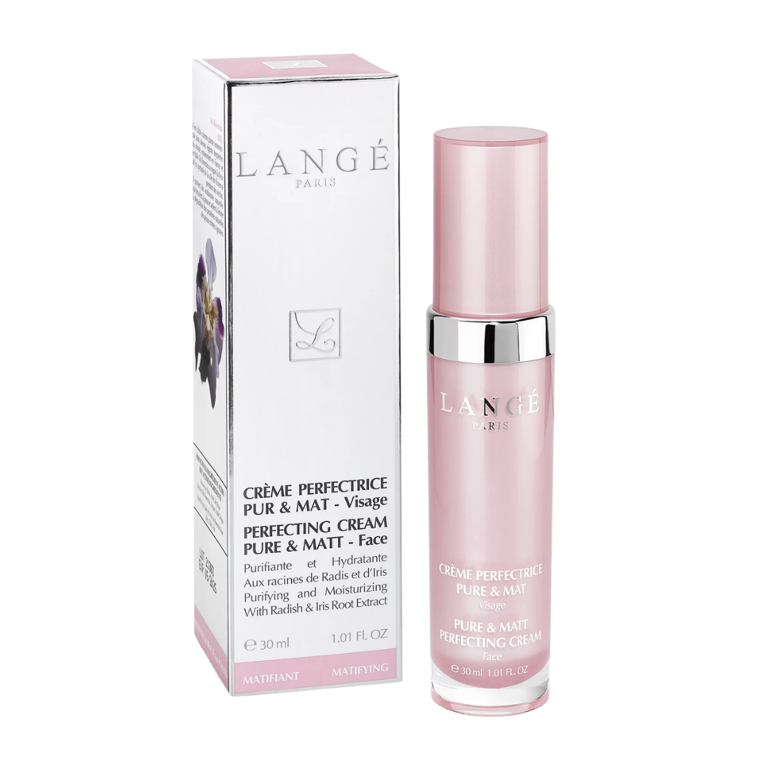 Langé Crème Perfectrice Pur & Mat 30 ml, flacon pompe rose et étui blanc, crème matifiante