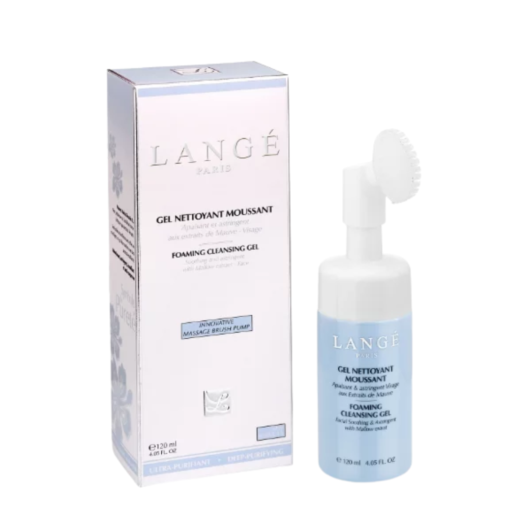Langé Gel Nettoyant Moussant 120 ml, flacon pompe bleu à brosse de massage et étui, nettoyant visage