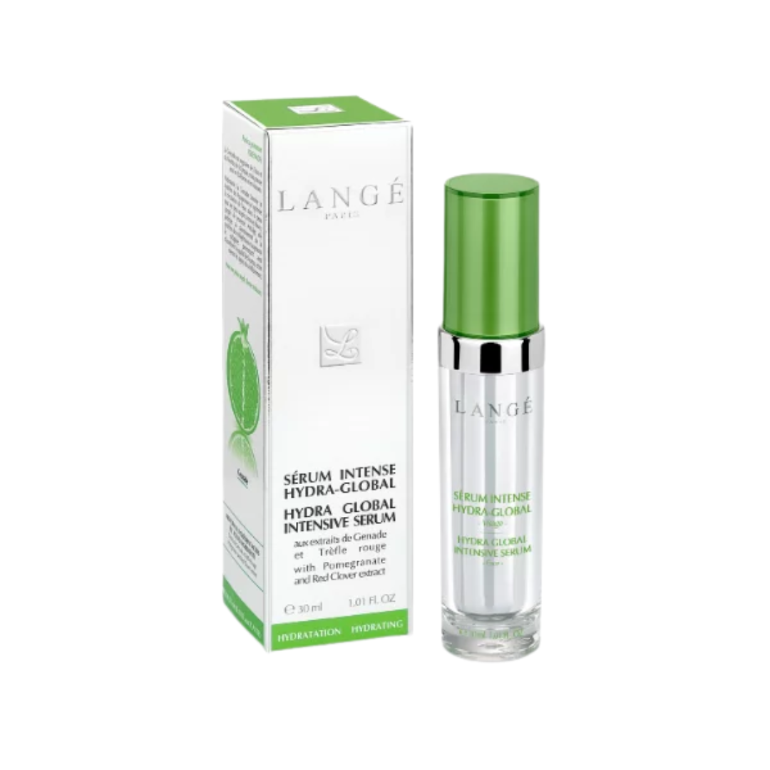 Langé Sérum Intense Hydra-Global 30 ml, flacon pompe vert et étui, sérum hydratant à la grenade