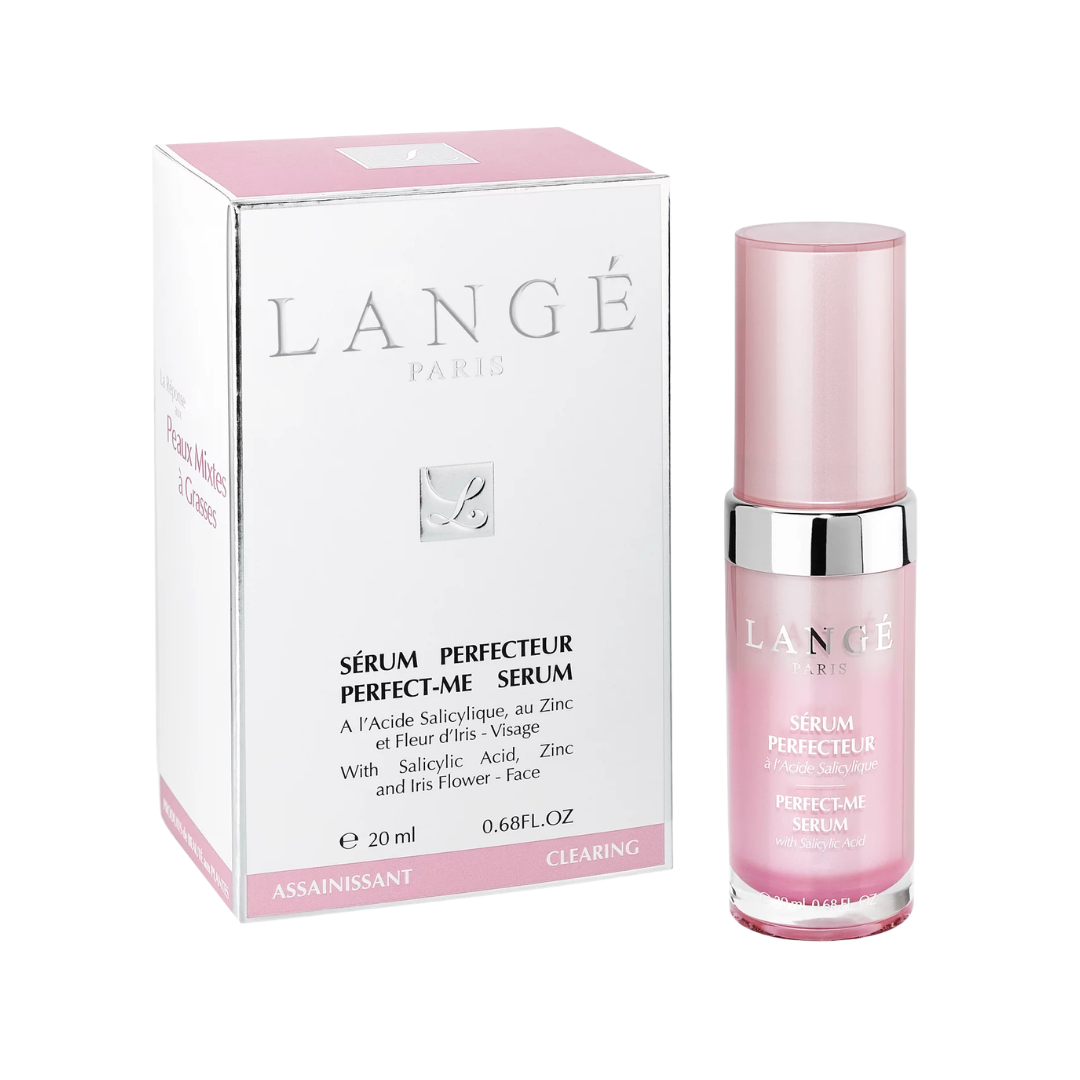 Langé Sérum Perfecteur Perfect-Me 20 ml, flacon rose et étui blanc, sérum à l'acide salicylique