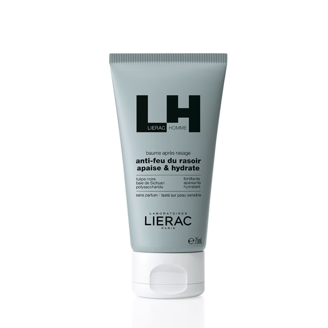 Lierac Homme Baume Après-Rasage Anti-Feu du Rasoir 75 ml, tube gris, soin apaisant sans parfum