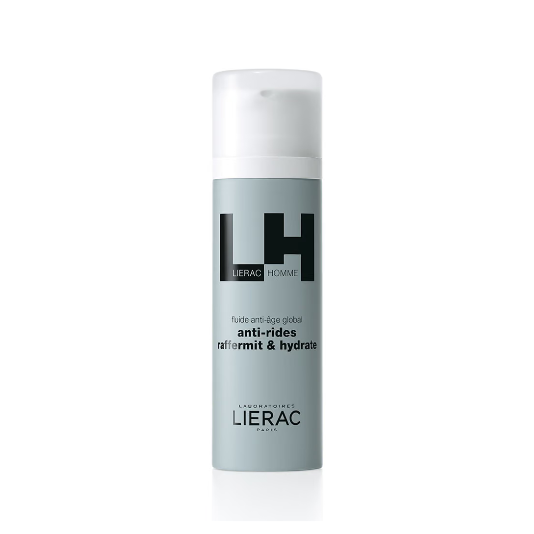 Lierac Homme Fluide Anti-Âge Global 50 ml, flacon pompe gris, soin visage homme anti-rides