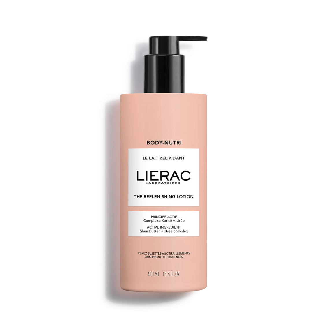 Lierac Body-Nutri Le Lait Relipidant 400 ml, flacon pompe rose, lait corps peaux sèches