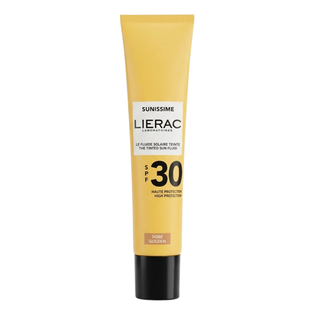 Lierac Sunissime Le Fluide Solaire Teinté SPF30 Doré 40 ml, tube jaune, protection solaire visage teintée