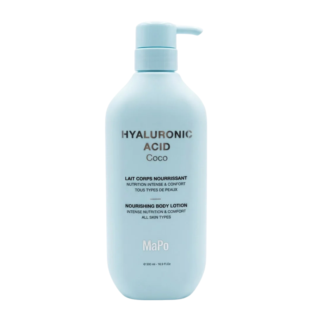 MAPO Lait Corps Nourrissant Hyaluronic Acid Coco 500 ml, flacon pompe bleu ciel