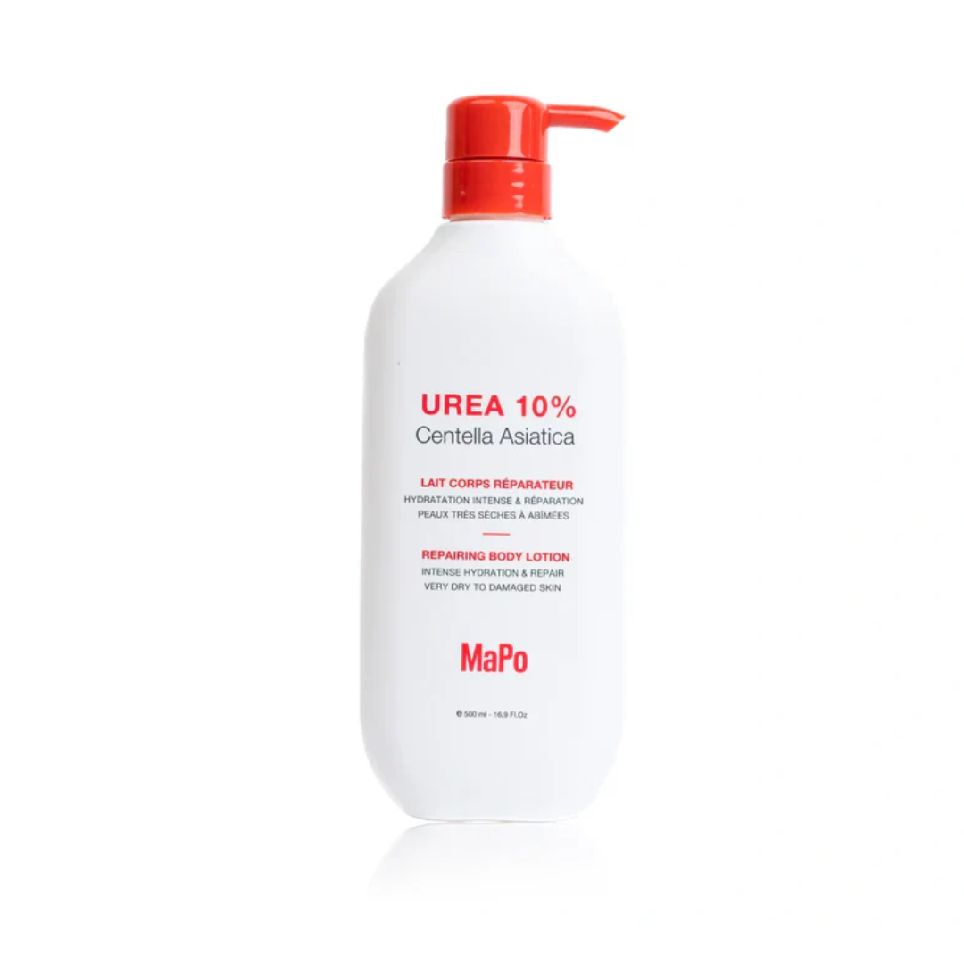 MAPO Lait Corps Réparateur Urea 10% Centella Asiatica 500 ml, flacon pompe blanc au bouchon rouge