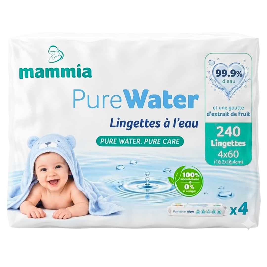 Mammia Pure Water, lot de 4 paquets de 60 lingettes bébé à l'eau, soit 240 lingettes