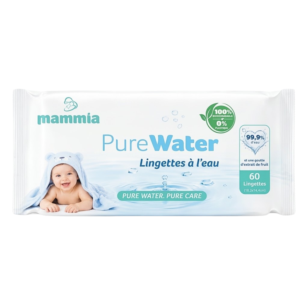 Mammia Pure Water, paquet de 60 lingettes bébé à l'eau avec bébé en serviette bleue