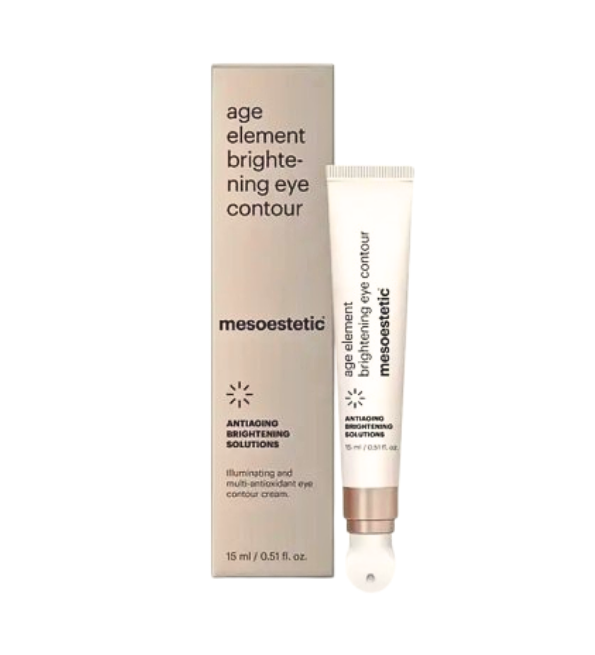 Mesoestetic Age Element Brightening Eye Contour 15 ml, boîte beige et tube à applicateur céramique