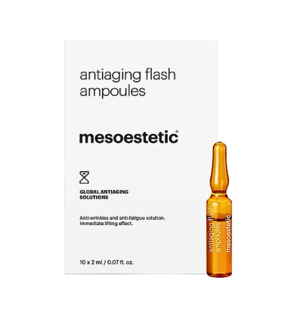 Mesoestetic Antiaging Flash Ampoules, boîte de 10 ampoules de 2 ml, solution anti-rides effet tenseur