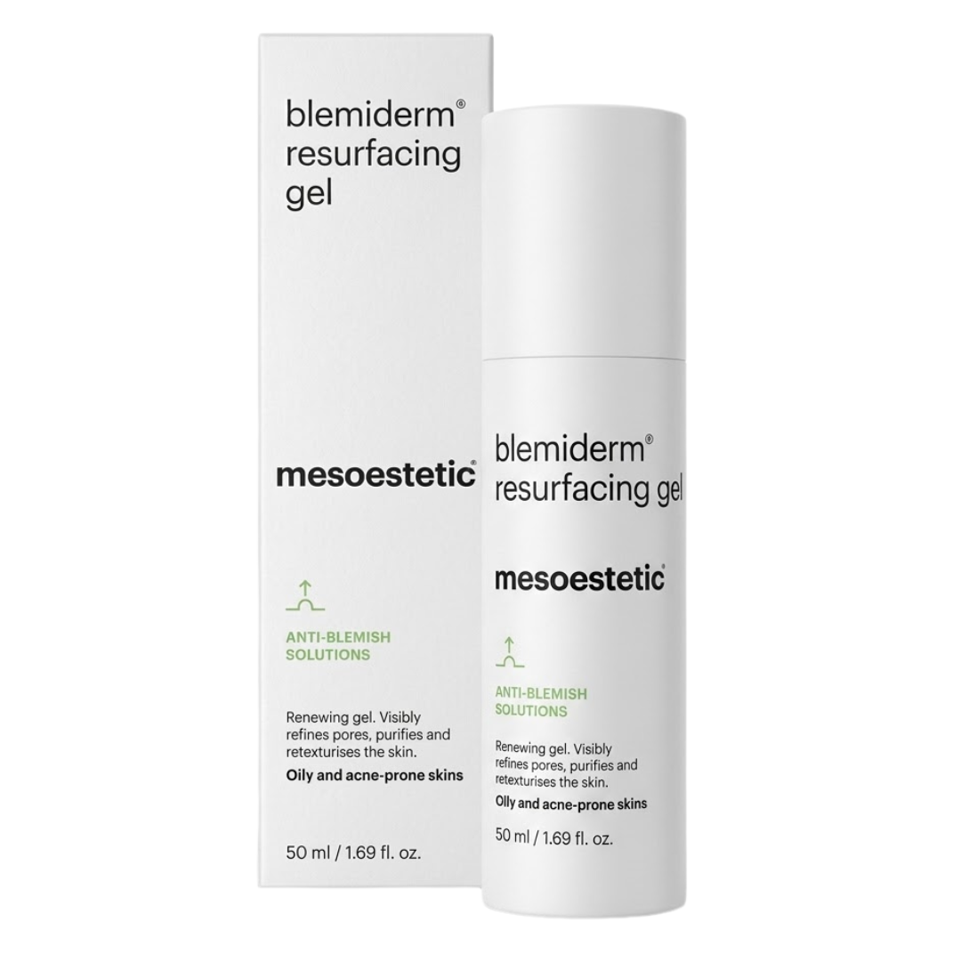 Mesoestetic Blemiderm Resurfacing Gel 50 ml, boîte et flacon pompe blancs, gel à l'acide salicylique
