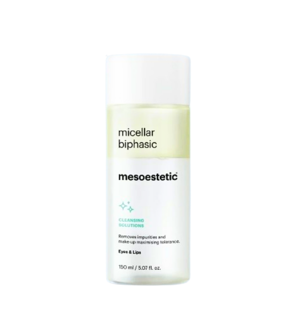Mesoestetic Micellar Biphasic 150 ml, flacon transparent bicolore, démaquillant biphasé yeux et lèvres