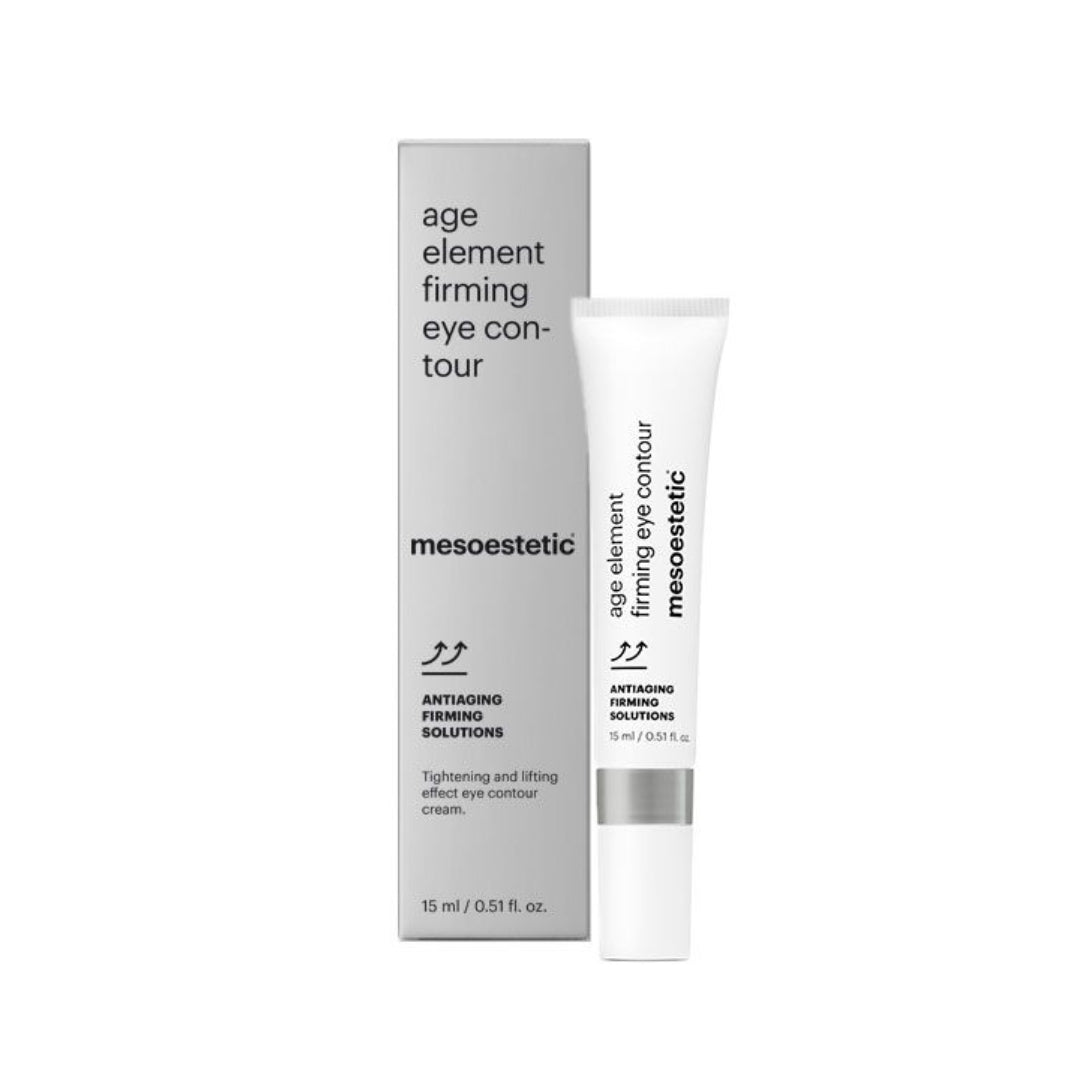 Mesoestetic Age Element Firming Eye Contour 15 ml, boîte grise et tube à applicateur céramique, soin raffermissant