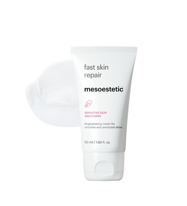 Mesoestetic Fast Skin Repair 50 ml, tube blanc et texture crème, soin réparateur peaux sensibles