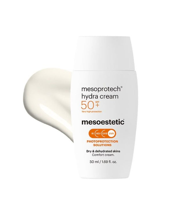 Mesoestetic Mesoprotech Hydra Cream SPF50+ 50 ml, flacon blanc et texture crème, écran solaire peaux sèches