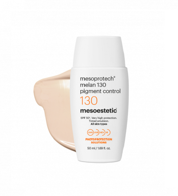 Mesoestetic Mesoprotech Melan 130 Pigment Control SPF50+ 50 ml, flacon blanc et texture teintée