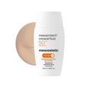 Mesoestetic Mesoprotech Mineral Fluid SPF50 50 ml, flacon blanc et texture teintée, écran minéral peaux sensibles