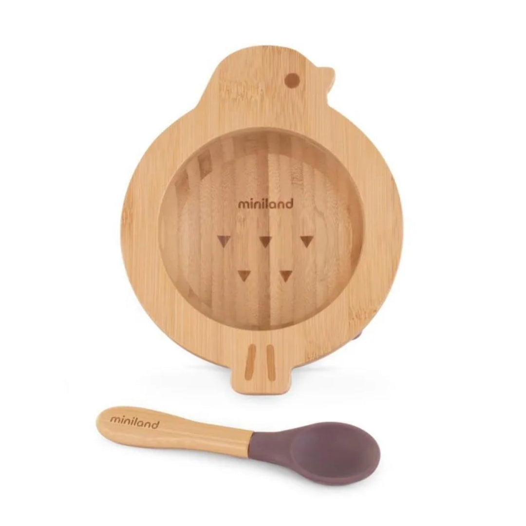 Miniland Bol et Cuillère en Bois Poussin - Set Repas Bébé